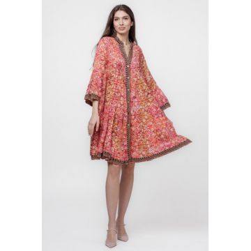 Rochie midi, cu volane, din batist de bumbac, cu imprimeu corai