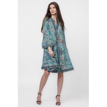 Rochie midi, cu volane, din batist de bumbac, cu imprimeu turcoaz