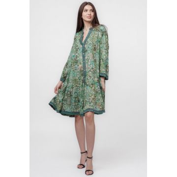 Rochie midi, cu volane, din batist de bumbac, cu imprimeu verde