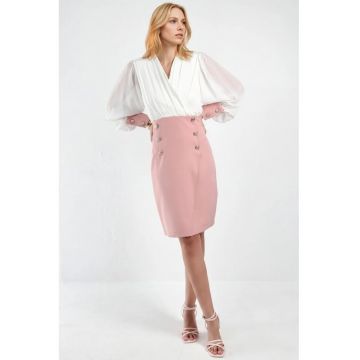 Rochie midi -  decolteu in V - detalii cu nasturi - roz - poliester-lycra