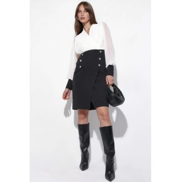 Rochie midi -  decolteu in V - maneci lungi - negru - poliester-lycra
