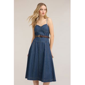 Rochie midi din denim cu o curea - Albastru melange