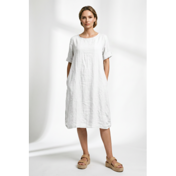 Rochie midi din in cu croiala lejera si prinderi laterale, alba