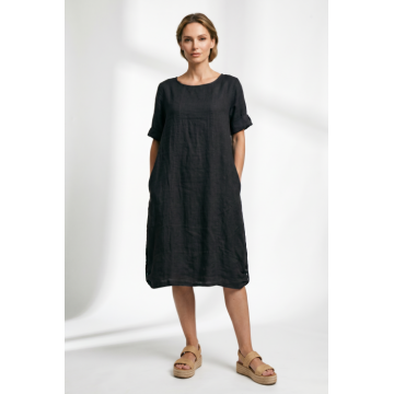 Rochie midi din in cu croiala lejera si prinderi laterale, neagra