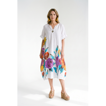 Rochie midi din in cu imprimeu floral colorat si croi balon, alba