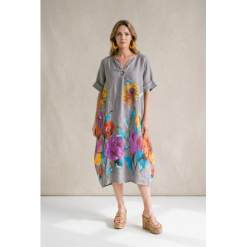 Rochie midi din in cu imprimeu floral colorat si croi balon, bej inchis