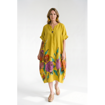 Rochie midi din in cu imprimeu floral colorat si croi balon, galbena