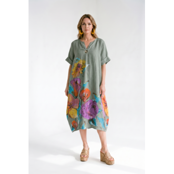 Rochie midi din in cu imprimeu floral colorat si croi balon, kaki