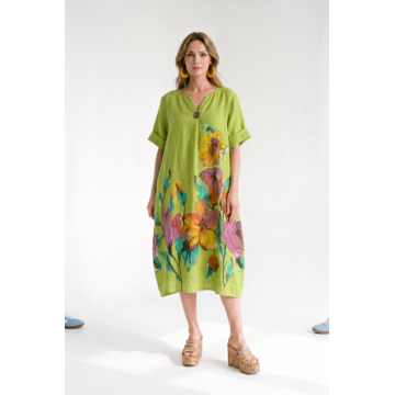Rochie midi din in cu imprimeu floral colorat si croi balon, verde deschis