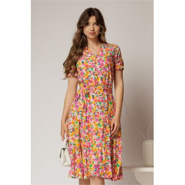 Rochie midi din viscoza cu imprimeu floral roz oranj