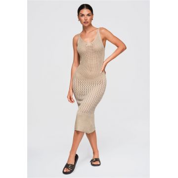 Rochie midi eleganta cu decolteu adanc si detalii OW-DLR-E0002 - Bej