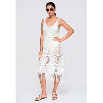 Rochie midi eleganta cu decolteu rotund si franjuri OW-DLR-E0013 - Alb - ONESIZE