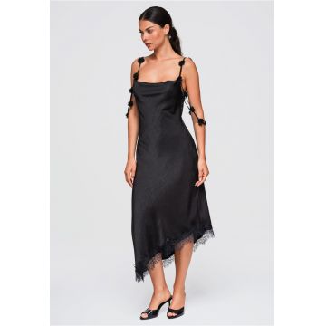 Rochie midi eleganta cu decolteu simplu si aplicatii florale LA-OM-DLR410 - Negru -
