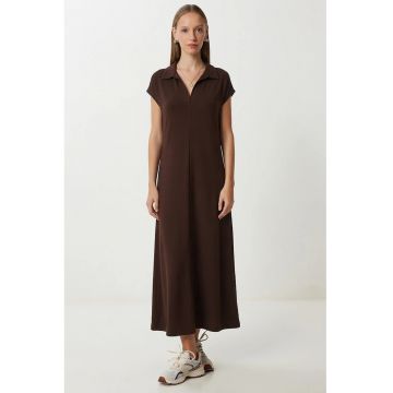 Rochie Midi Happiness Istanbul - Casual - Guler Polo - Buzunar - Maro Mocha Inchis - Bumbac-Elastan