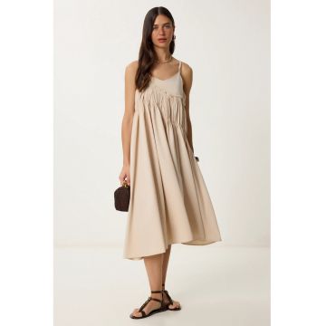 Rochie Midi - Happiness Istanbul - Volane - Crem - Bumbac