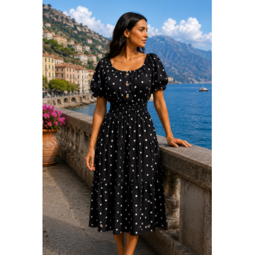 Rochie midi neagra de vara imprimata cu buline