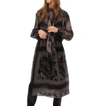 Rochie midi -  neagra - poliester - guler ridicat - evazata -