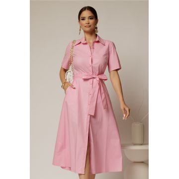 Rochie midi roz tip camasa din poplin cu cordon in talie