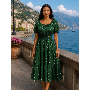 Rochie midi verde de vara imprimata cu buline
