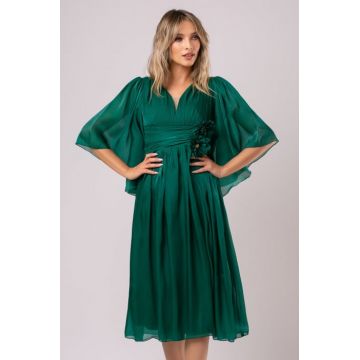 Rochie midi verde smarald de ocazie cu floare 3D