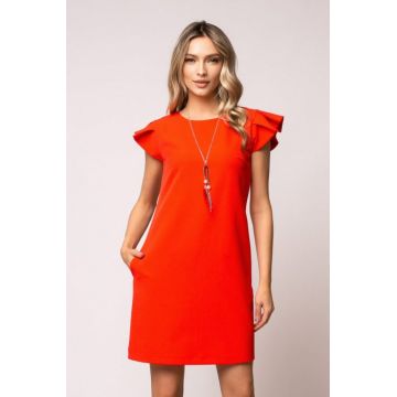 Rochie Mimi portocalie cu pliuri pe umeri