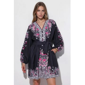 Rochie Mini -  cu imprimeu Paisley - neagra - poliester-elastan