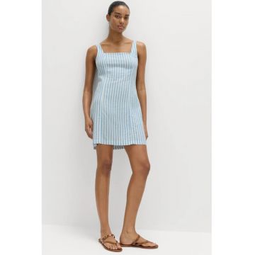 Rochie mini dreapta din amestec de in cu decolteu patrat - Alb/Albastru deschis