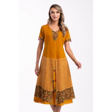 Rochie mustar din bumbac cu detalii crosetate