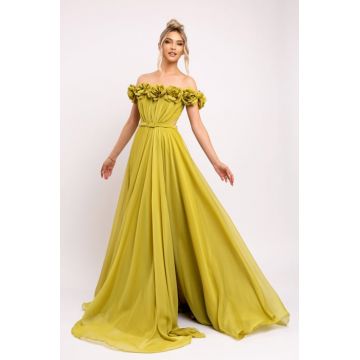 Rochie Nazell mustar de ocazie cu flori 3D pe bust