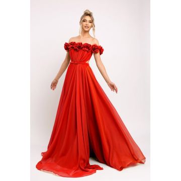 Rochie Nazell rosu de ocazie cu flori 3D pe bust