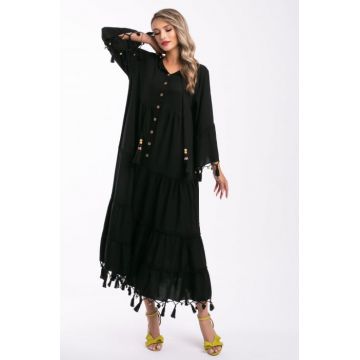 Rochie neagra din vascoza marime mare accesorizata cu franjuri