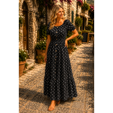 Rochie neagra lunga de vara imprimata cu buline