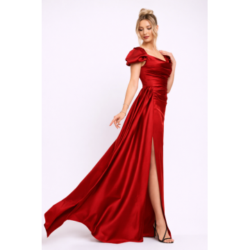 Rochie Nisa rosie de ocazie cu umeri bufanti