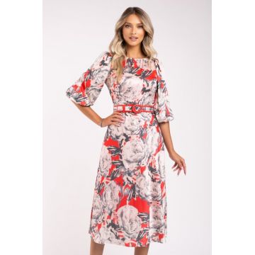 Rochie Olivera cu maneci bufante si imprimeu rosu