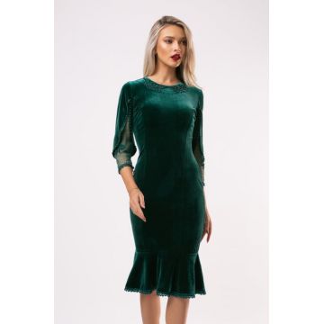 Rochie Romina verde din catifea accesorizata cu perlute