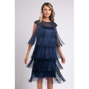 Rochie Sabrina bleumarin de ocazie cu franjuri lungi si perlute in zona gatului
