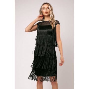 Rochie Sabrina neagra de ocazie cu franjuri lungi si perlute in zona gatului