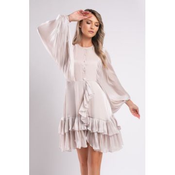 Rochie scurta din matase gri perlat cu maneci ample