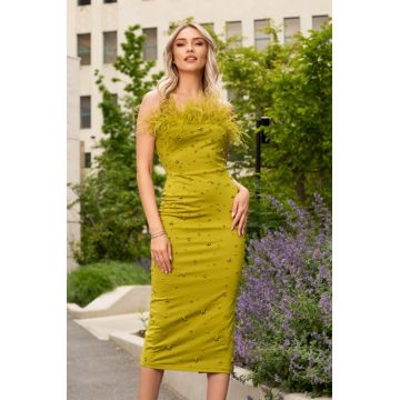 Rochie Simena fistic de ocazie accesorizata cu pene la bust
