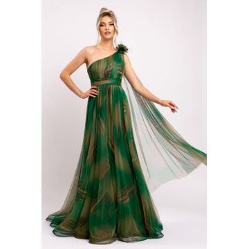 Rochie Sofia verde eleganta din tulle accesorizata cu esarfa