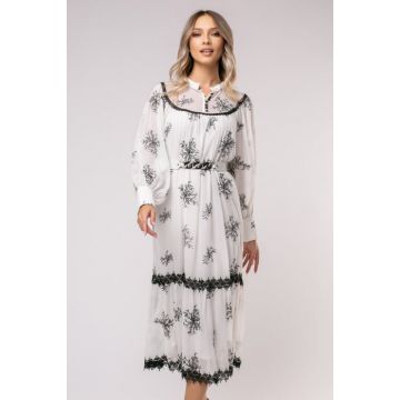 Rochie Sona alb-negru cu flori brodate