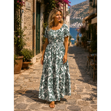 Rochie verde lunga de vara cu imprimeu floral