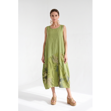 Rochie verde olive din in si vascoza cu croi balon si imprimeu floral acuarela