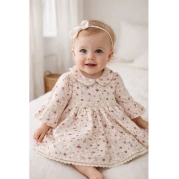 Rochita fetita roz pal cu imprimeu floral guler peter pan maneci evazate eleganta