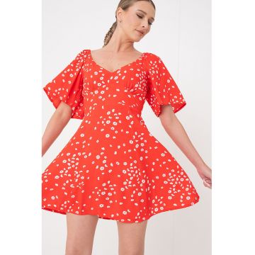 69482 Rochie vaporoasa cu model floral Island Escape - Alb/Rosu vermillion