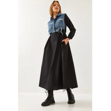 Midi - Femei - Rochie maxi din gabardina texturata LUCCI cu guler camasa si inchidere cu nasturi - Negru - S INTL -