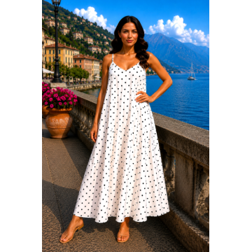 Rochie alba lunga de plaja alba cu buline negre