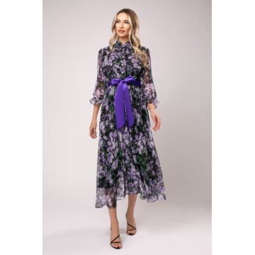 Rochie Anabel lila din matase cu imprimeu floral