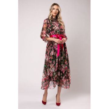 Rochie Anabel roz din matase cu imprimeu floral