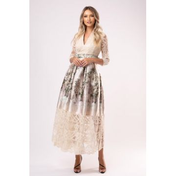 Rochie Beatrice bej tip chimono din tafta si dantela